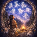 Woman and wolves beneath the stars